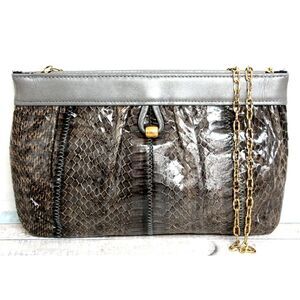 VTG MARGOLIN OLIVE GRAY SNAKE GENUINE LEATHER CHAIN CLUTCH ENVELOPE SHOULDER BAG